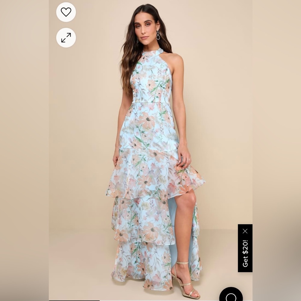 Lulus Forever Exceptional Light Blue Floral Halter Organza Maxi Dress M